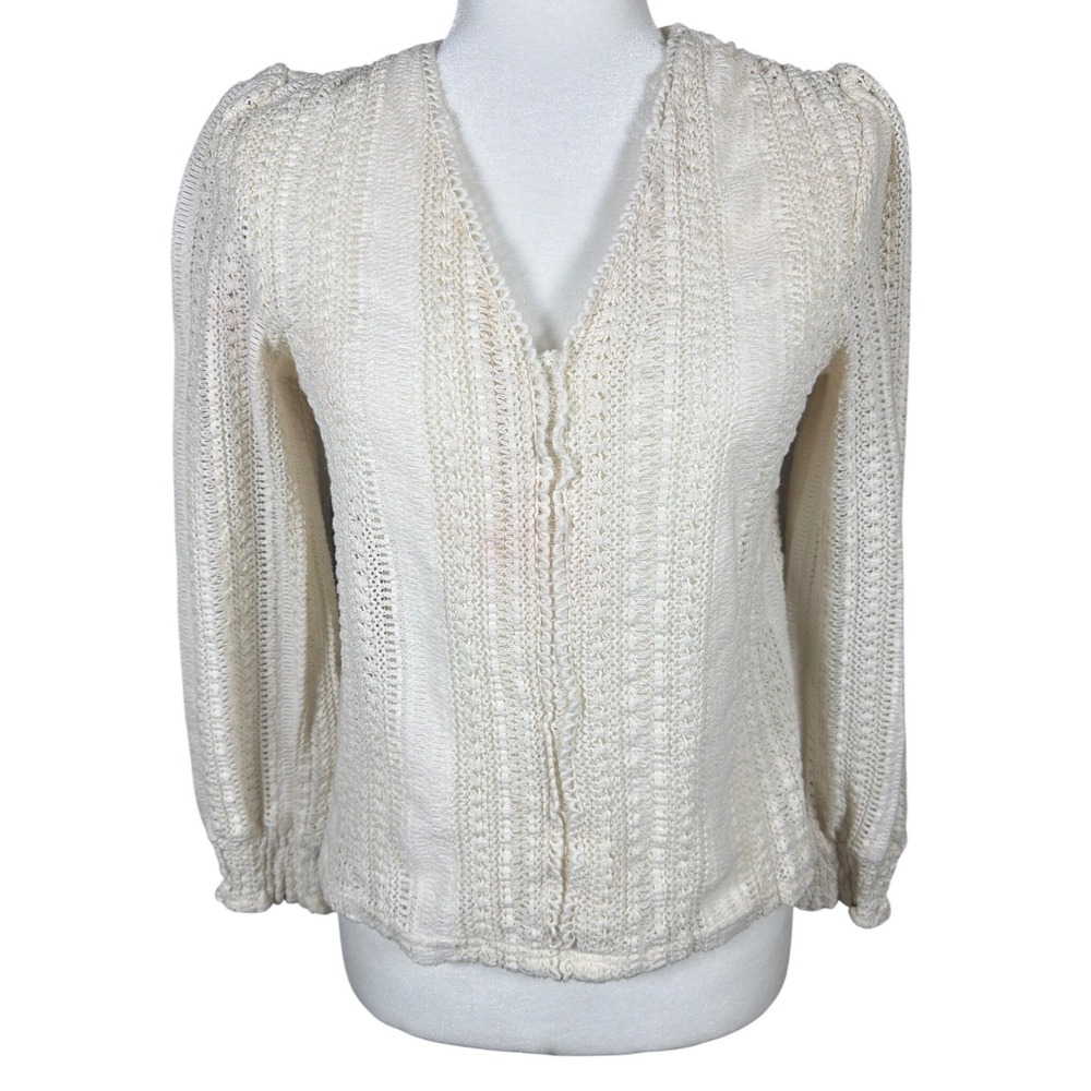 Easy Clothes Cream Crochet Knit Cardigan Top V-Neck Ruffle Cuff Size M/L Cotton